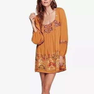 Free People Rhiannon Dress Orange Mustard Festival Boho Chic Bohemian Medium NWT
